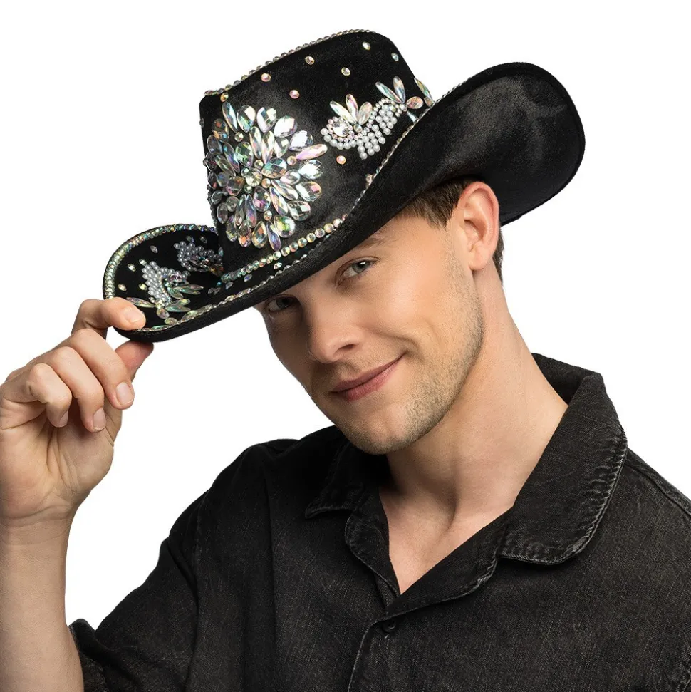 CHAPEAU COWBOY NOIR STRASS IRIDESCENTS ADULTE