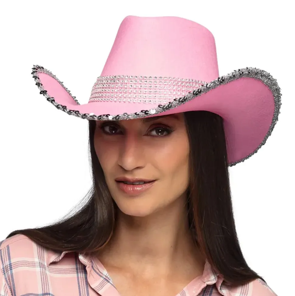 CHAPEAU COWBOY ROSE STRASS SEQUINS ARGENT FEMME