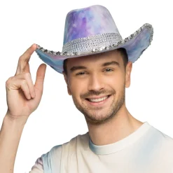 CHAPEAU COWBOY VELOURS LILAS BLEU STRASS ADULTE