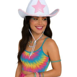 CHAPEAU COWGIRL BLANC ÉTOILE ROSE FEMME