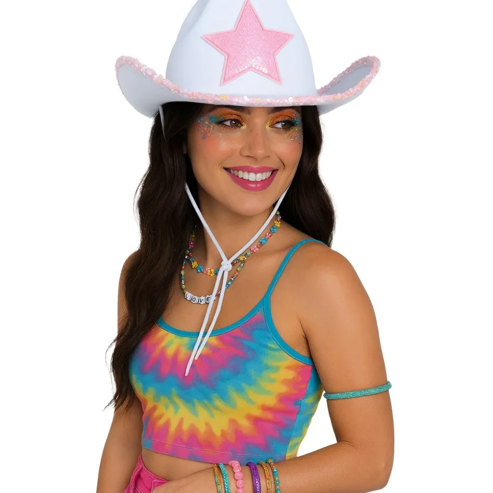 CHAPEAU COWGIRL BLANC ÉTOILE ROSE FEMME