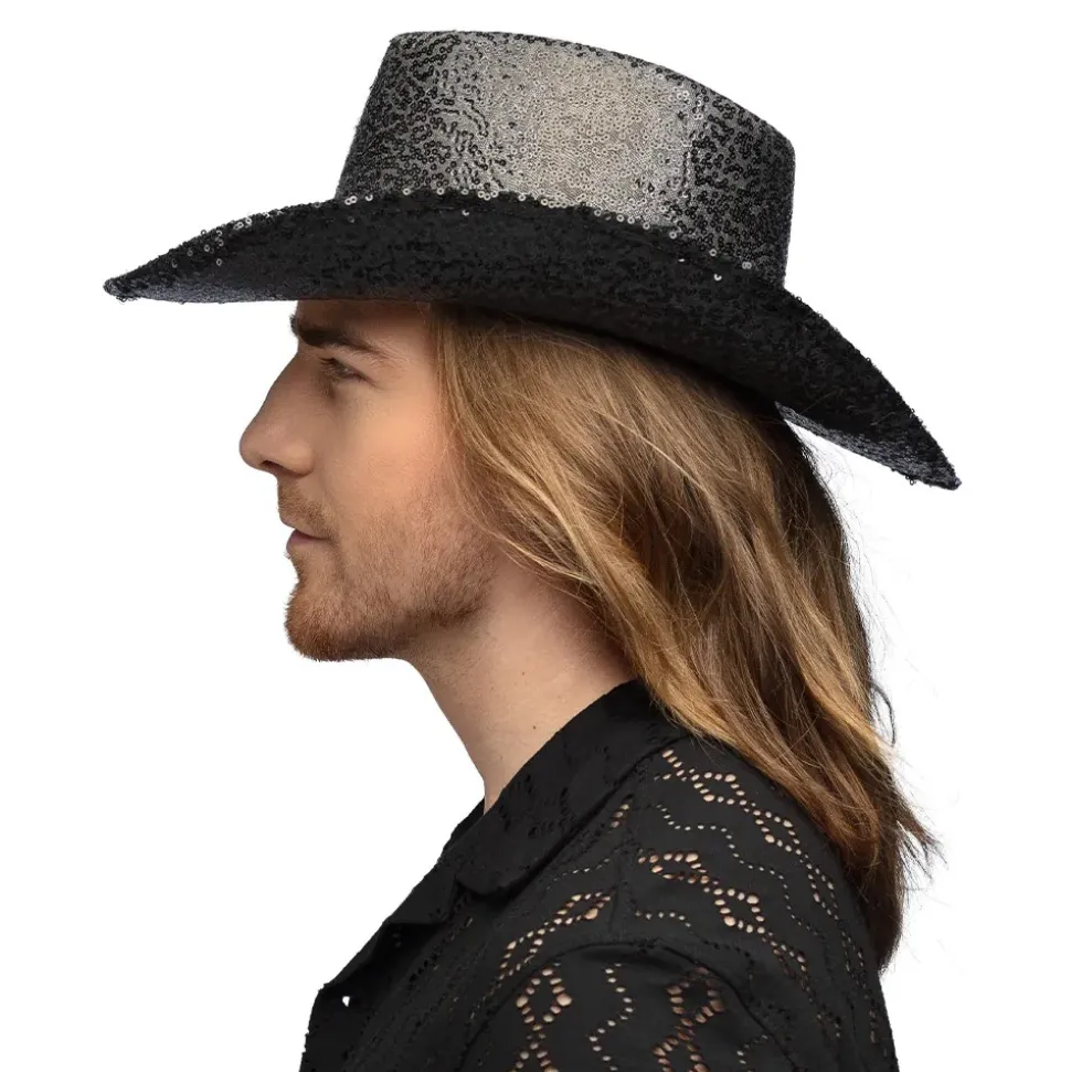 CHAPEAU DE COWBOY FESTIF RODÉO SEQUINS NOIR ADULTE