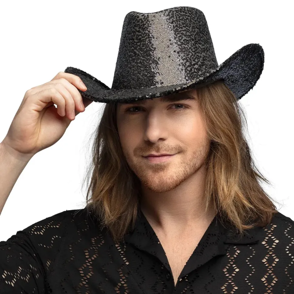 CHAPEAU DE COWBOY FESTIF RODÉO SEQUINS NOIR ADULTE