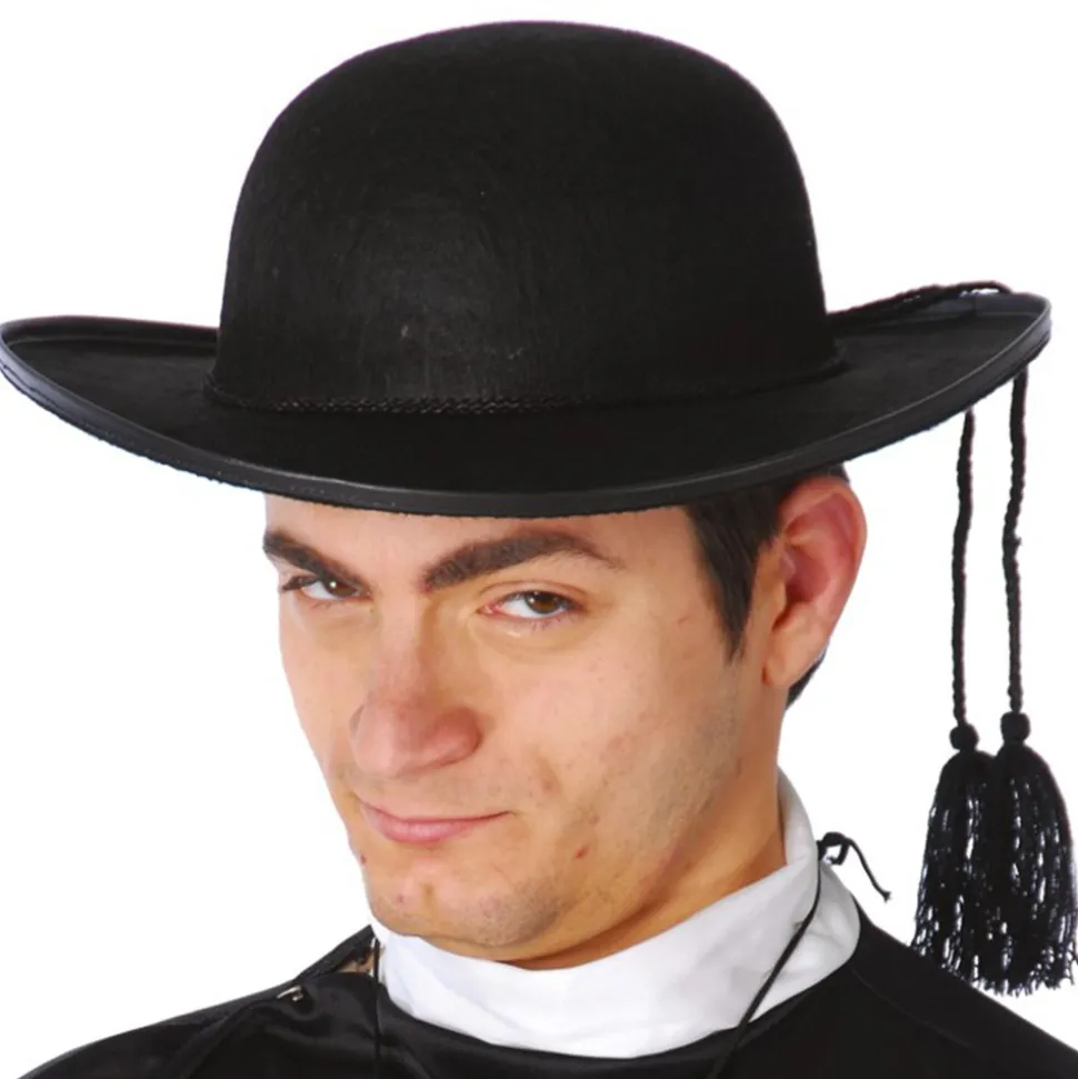CHAPEAU FEUTRE NOIR POMPOMS CURÉ ADULTE
