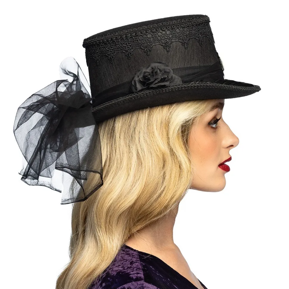 CHAPEAU HAUT-DE-FORME GOTHIQUE TULLE NOIR ADULTE