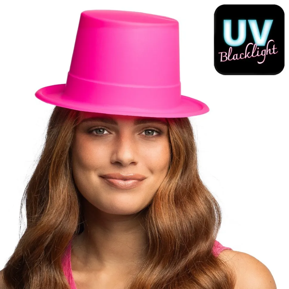CHAPEAU HAUT-DE-FORME PVC ROSE FLUO UV ADULTE