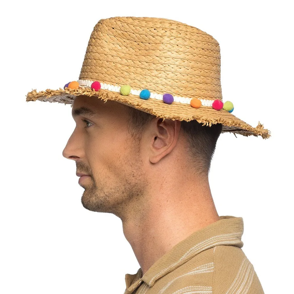 CHAPEAU PANAMA PAILLE BOHÈME PLAGE POMPONS ADULTE