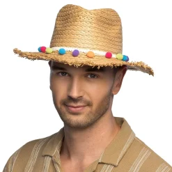 CHAPEAU PANAMA PAILLE BOHÈME PLAGE POMPONS ADULTE