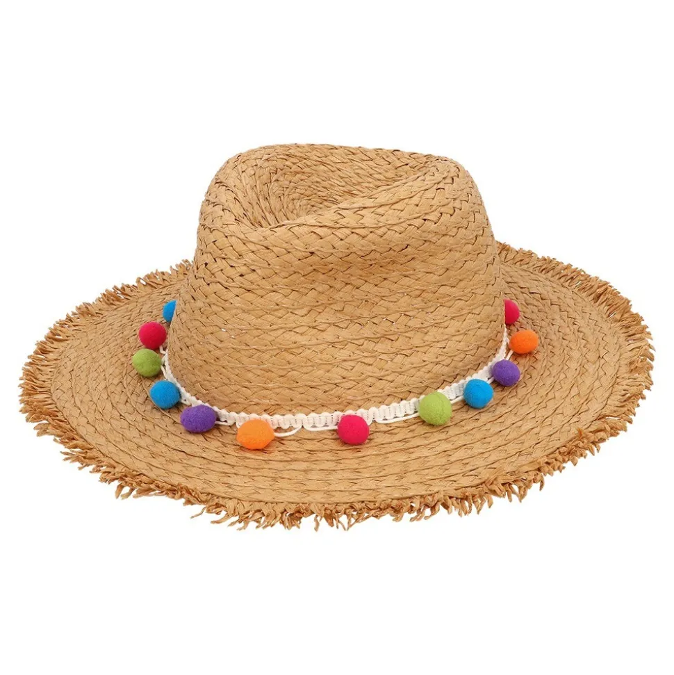 CHAPEAU PANAMA PAILLE BOHÈME PLAGE POMPONS ADULTE