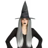 CHAPEAU SORCIÈRE PERRUQUE CHEVEUX GRIS 55CM FEMME