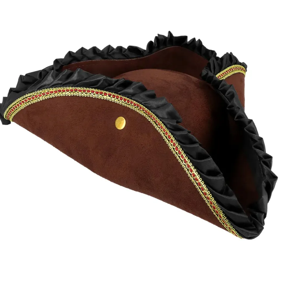 CHAPEAU TRICORNE MARRON À VOLANTS PIRATE ADULTE
