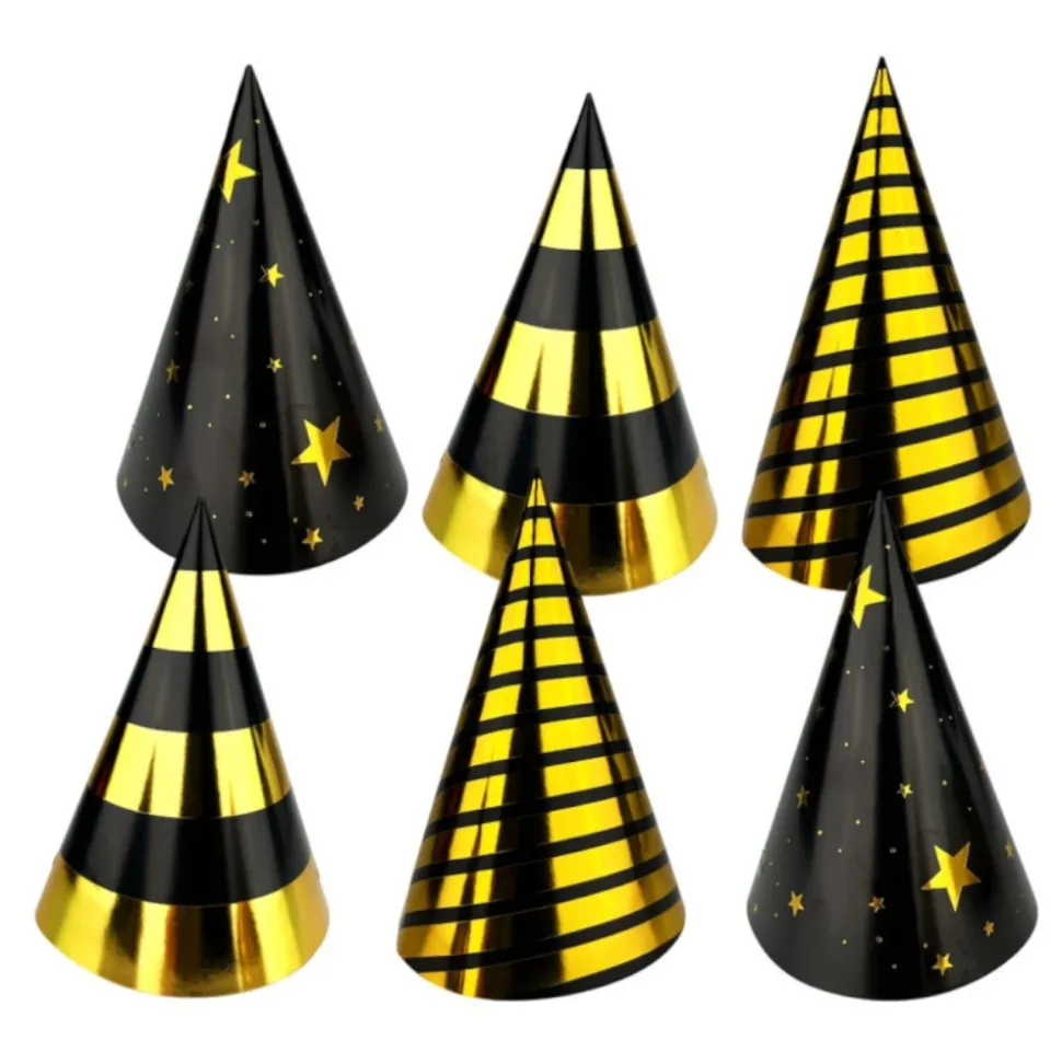 6 CHAPEAUX CÔNES DE FÊTE MOTIFS 16CM OR NOIR MÉTAL