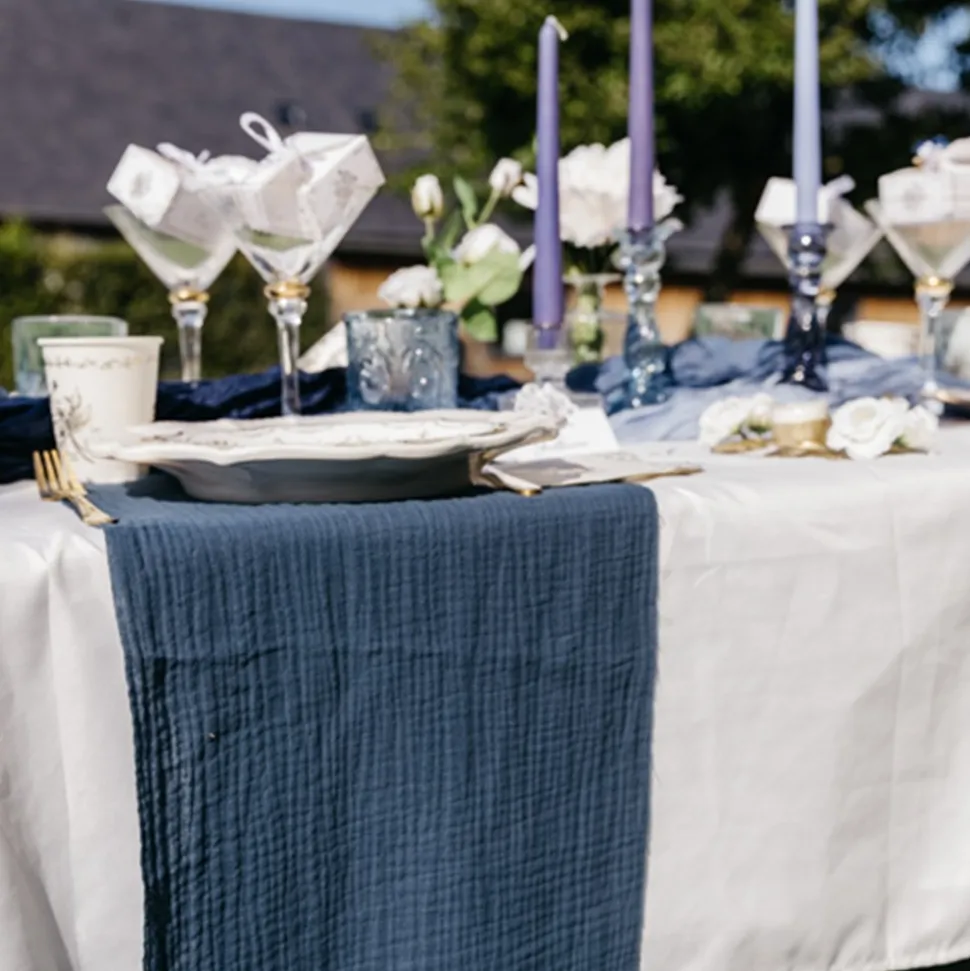 CHEMIN DE TABLE GAZE DE COTON 30CMX3M BLEU MARINE