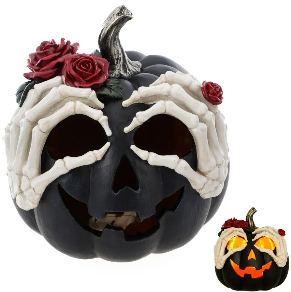 CITROUILLE SQUELETTE DÉCO LED RÉSINE 23CM NOIR