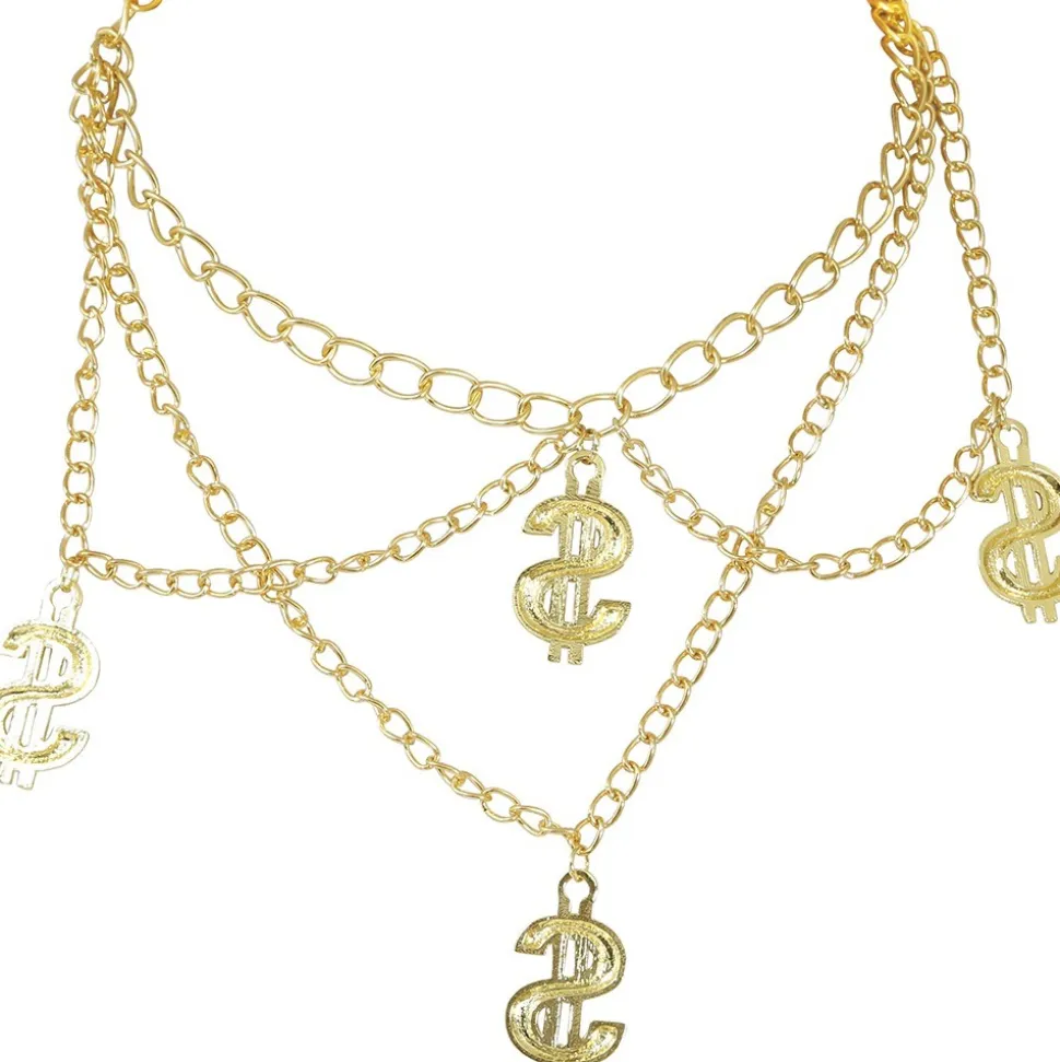 COLLIER CHAINE MÉTAL 4 PENDENTIFS DOLLAR USA OR