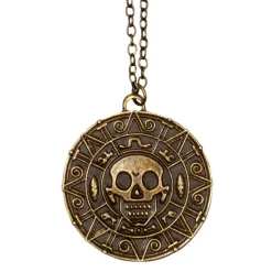 COLLIER CHAINE PENDENTIF AMULETTE PIRATE 3.5CM OR