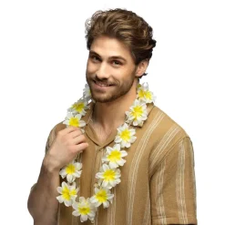 COLLIER HAWAÏEN HIBISCUS POLYESTER BLANC JAUNE