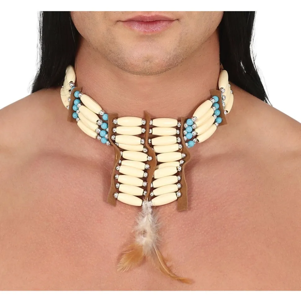 COLLIER PLASTRON INDIEN PERLES PLUMES ADULTE