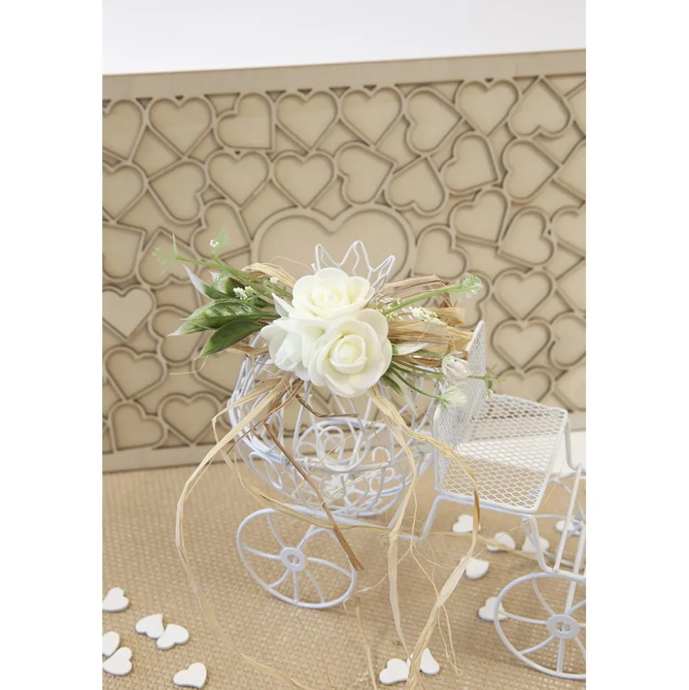 COMPOSITION ROSETTES AVEC RAPHIA FEUILLAGE BLANC