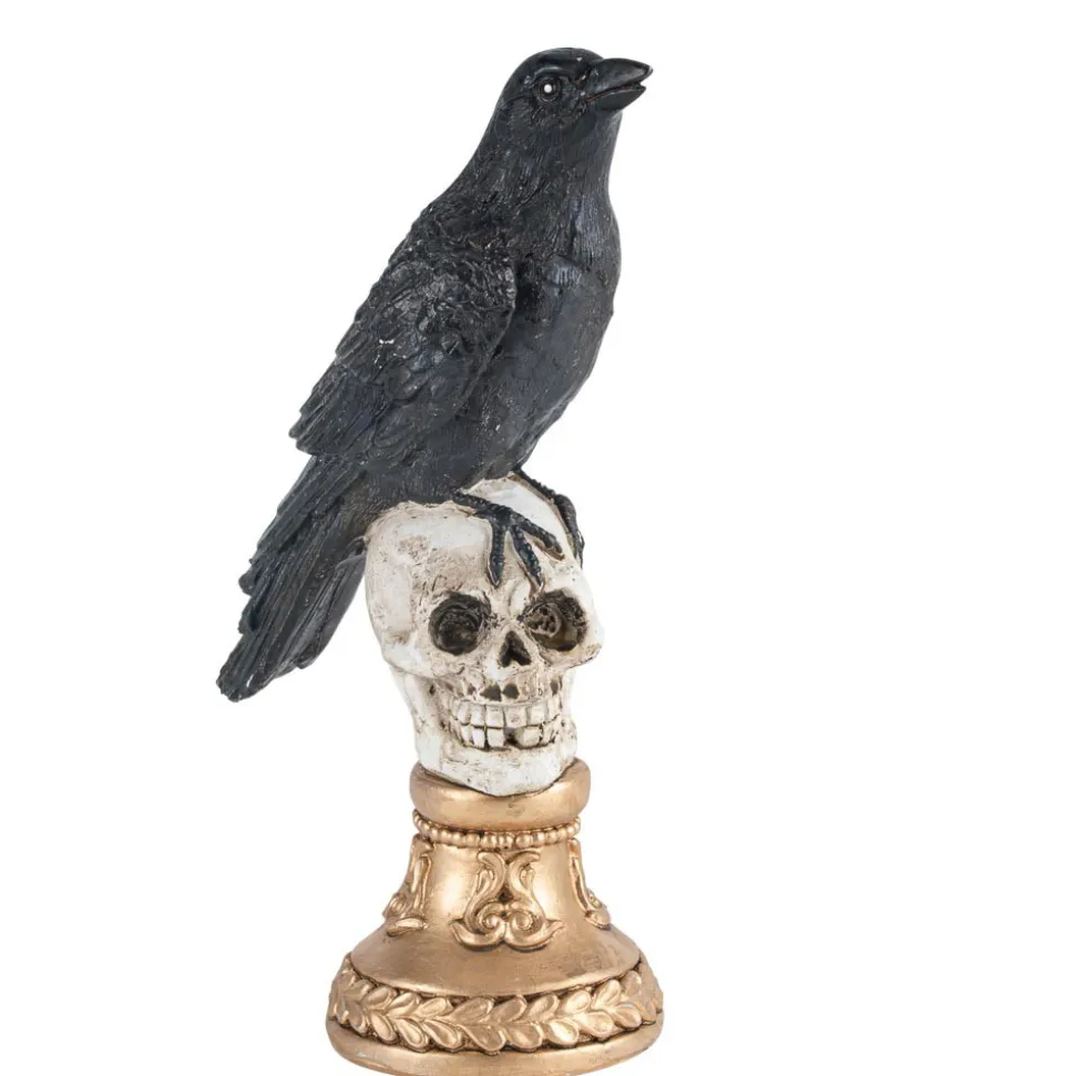 CORBEAU TÊTE DE MORT SOCLE DÉCO RÉSINE 11X21.5CM