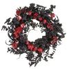 COURONNE DE PORTE FEUILLES FLEURS ROUGES 56CM NOIR