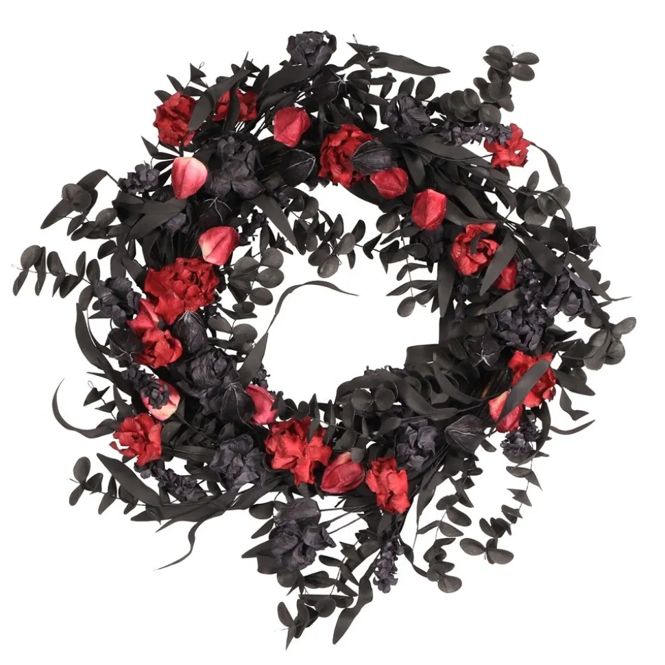 COURONNE DE PORTE FEUILLES FLEURS ROUGES 56CM NOIR