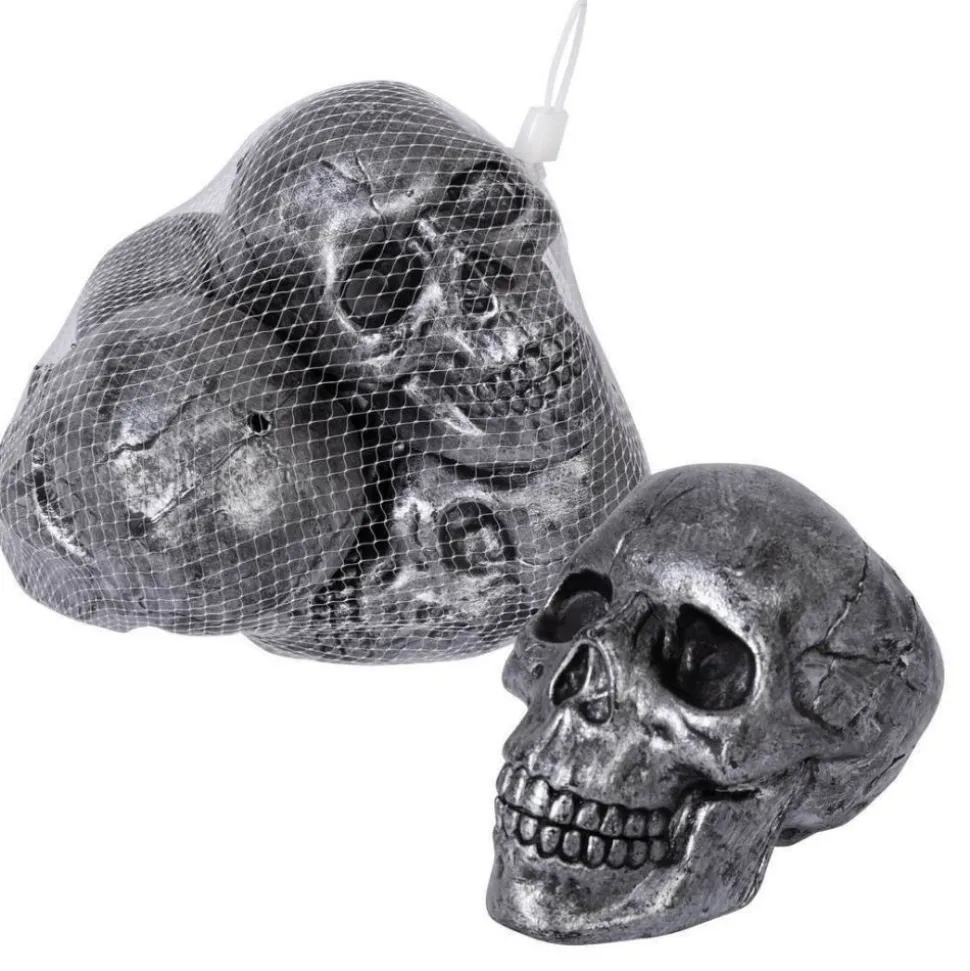 4 CRÂNES MÉTALLISÉS DÉCORATIFS 12CM GRIS