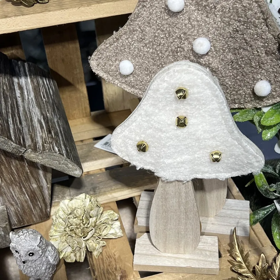 DÉCO CHAMPIGNON BOIS POMPONS BLANC 30X18CM TAUPE