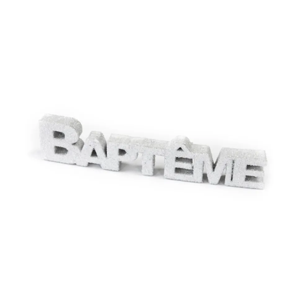 DÉCO DE TABLE MOT BAPTÊME 12CM BLANC PAILLETÉ