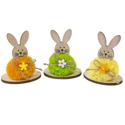 DÉCO LAPIN BOIS POMPON 8CM