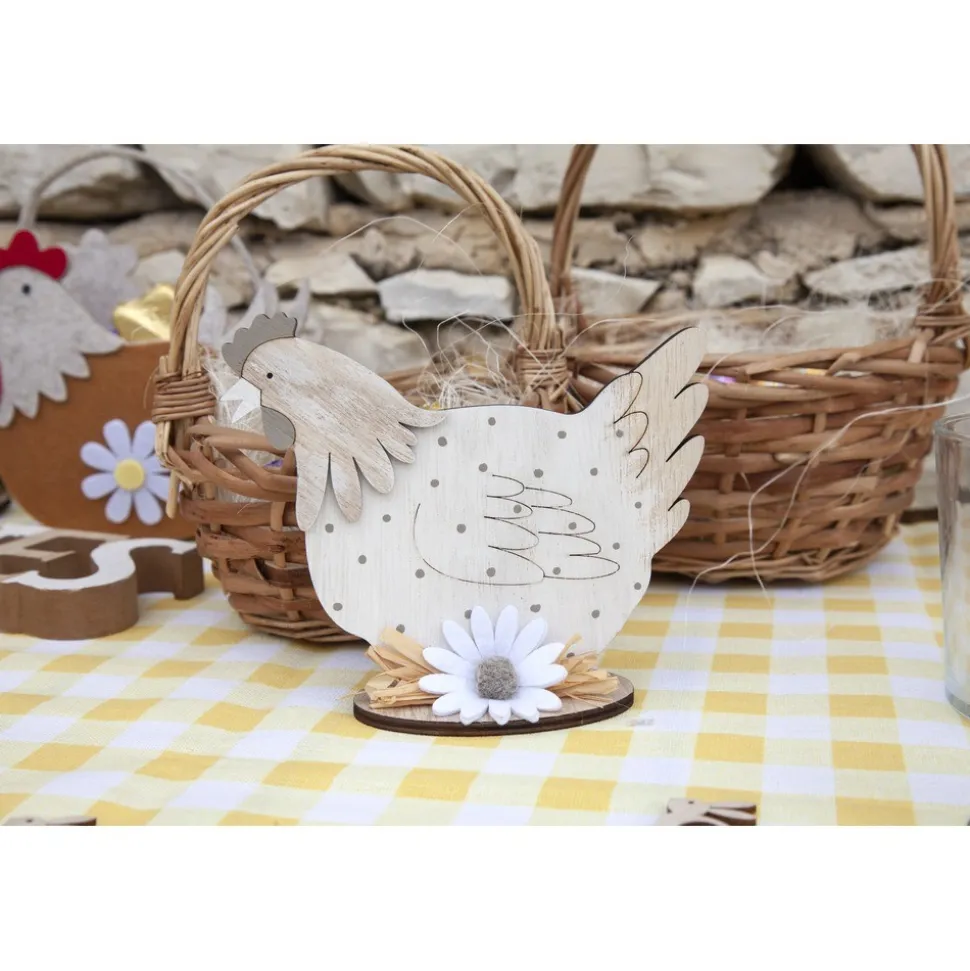 DÉCO POULE BOIS FLEUR FEUTRINE PAILLE 15X13CM