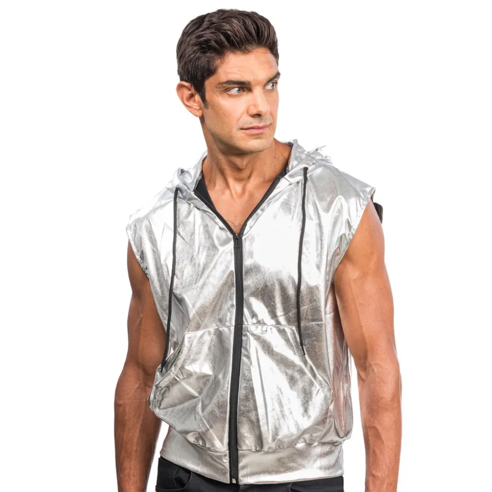 DÉGUISEMENT VESTE SANS MANCHE CAPUCHE ARGENT HOMME