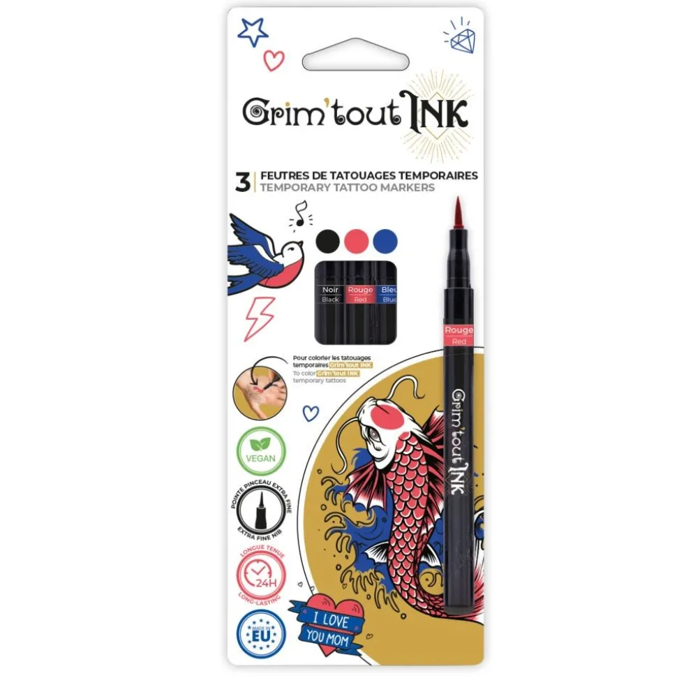 3 FEUTRES TATOUAGES POINTE FINE NOIR ROUGE BLEU