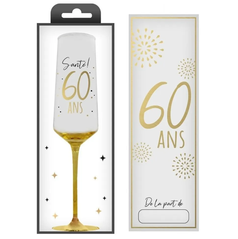 FLÛTE CHAMPAGNE VERRE 60 ANS 24CM BLANC OR