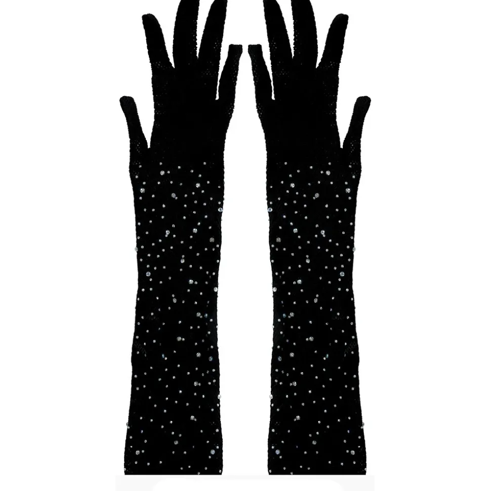 GANTS LONGS STRASS RÉSILLE 30CM NOIR ADULTE