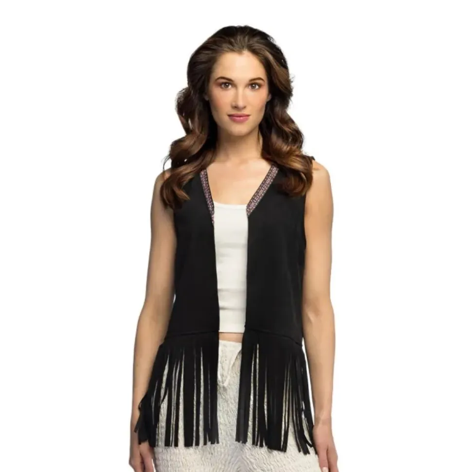 GILET BOHÈME SUÉDINE NOIR À FRANGES HIPPIE FEMME