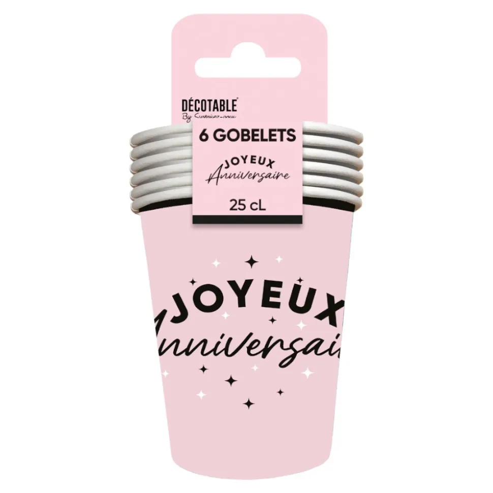 6 GOBELETS CARTON ANNIVERSAIRE 25CL ROSE