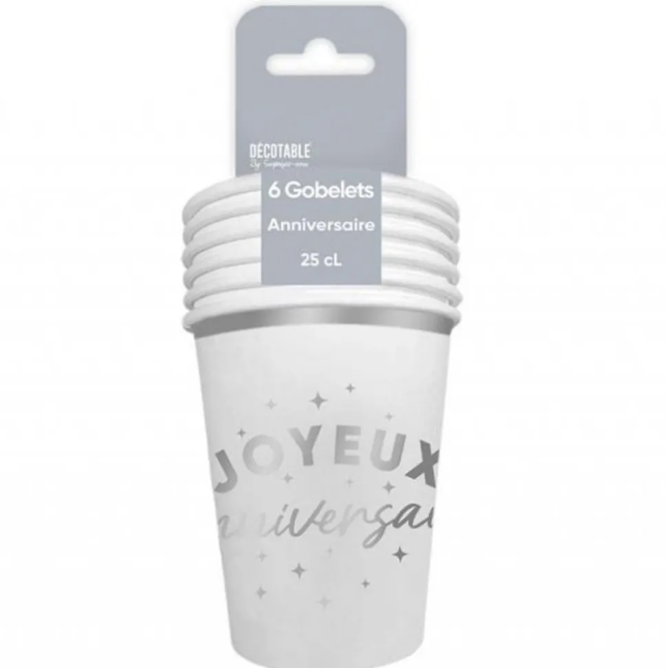 6 GOBELETS CARTON ANNIVERSAIRE 25CL ARGENT