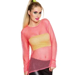 HAUT RÉSILLE MANCHES LONGUES FLUO ROSE FEMME