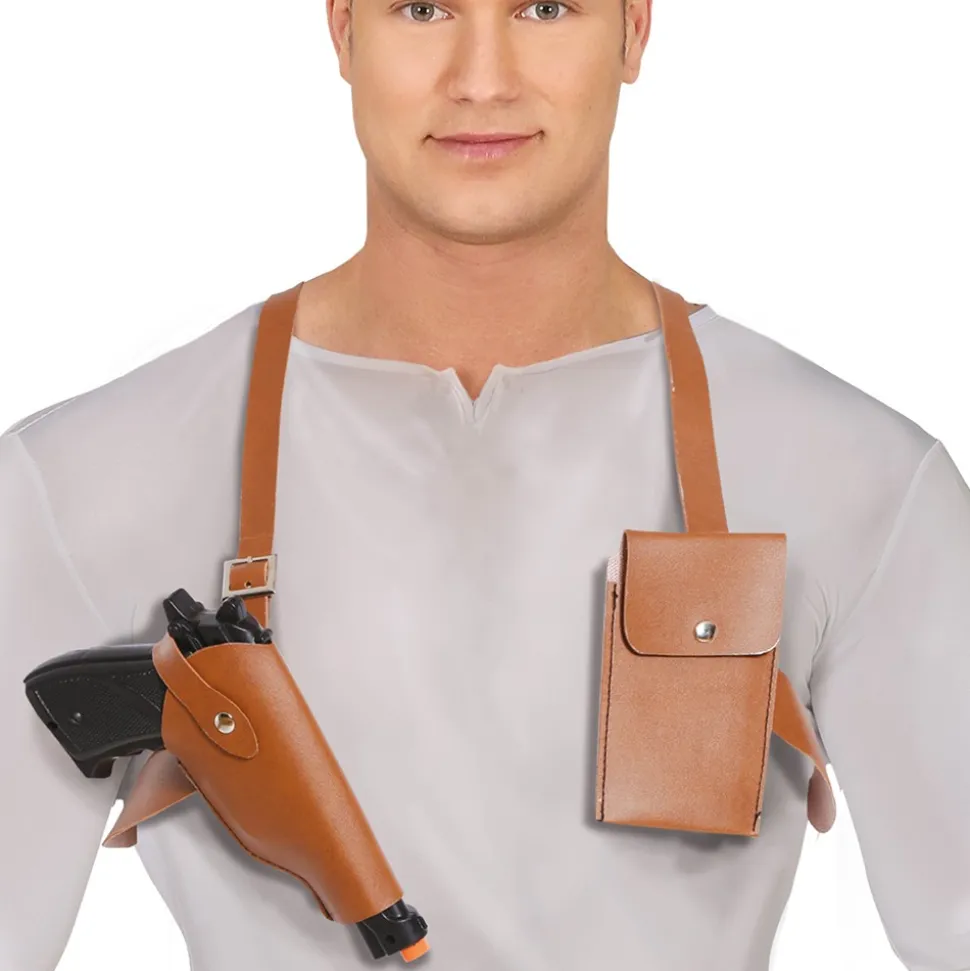 HOLSTER D'ÉPAULE SACOCHE SIMILI CUIR MARRON ADULTE