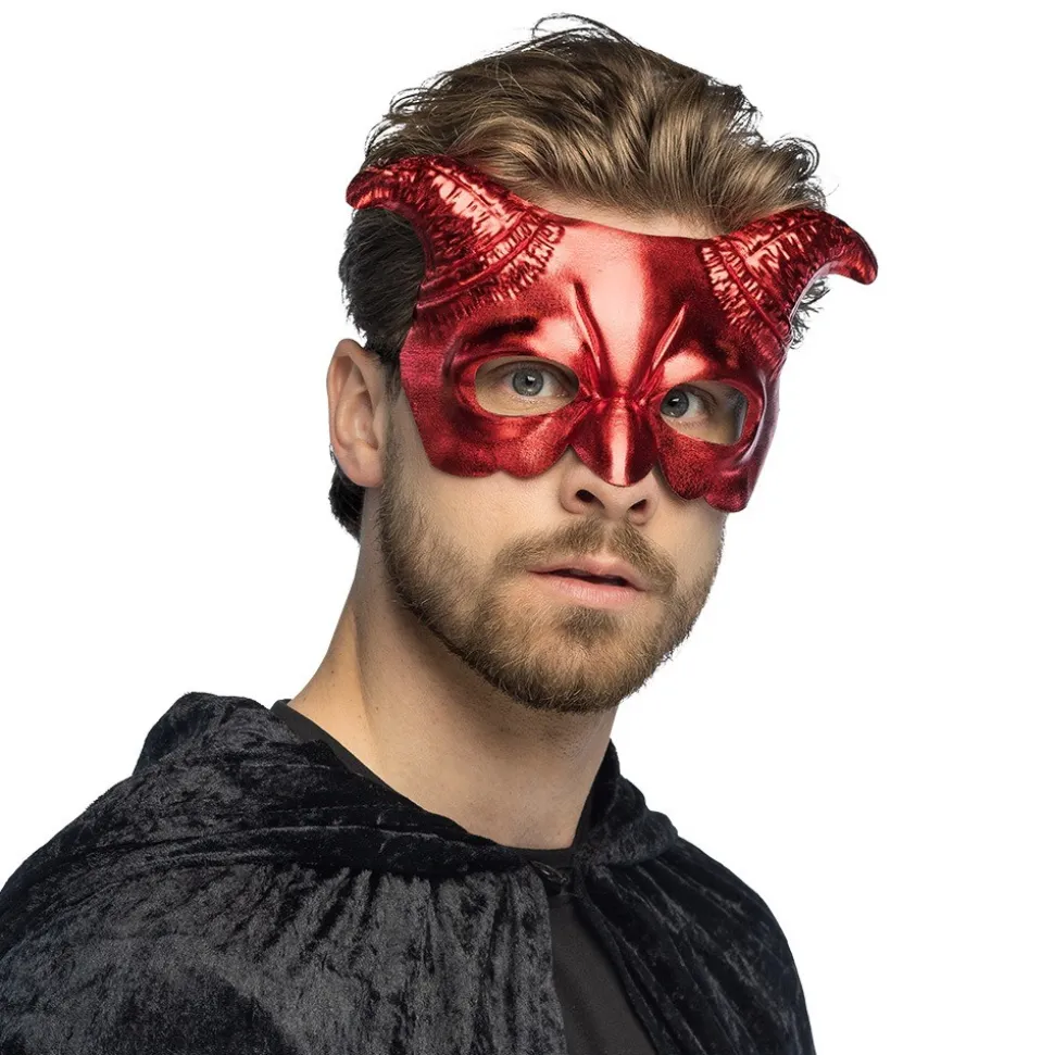 MASQUE DÉMON CORNES GLAMOUR ROUGE MÉTAL ADULTE
