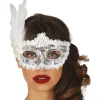 MASQUE PAILLETTES FLEUR PLUMES ARGENT FEMME