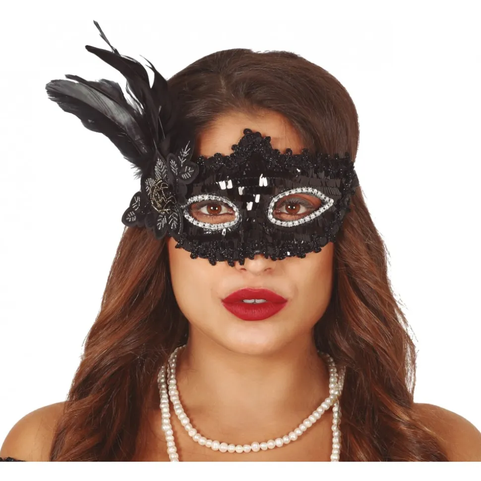 MASQUE PAILLETTES FLEUR PLUMES NOIR FEMME