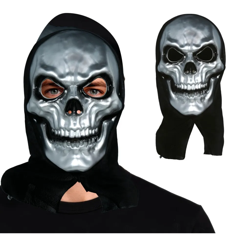 MASQUE PVC CRÂNE ARGENT CAPUCHE NOIR ADULTE