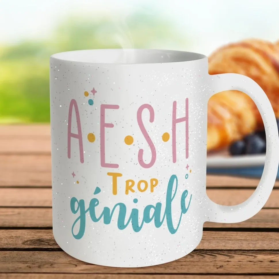 MUG CÉRAMIQUE PAILLETTES AESH TROP GÉNIALE 30CL