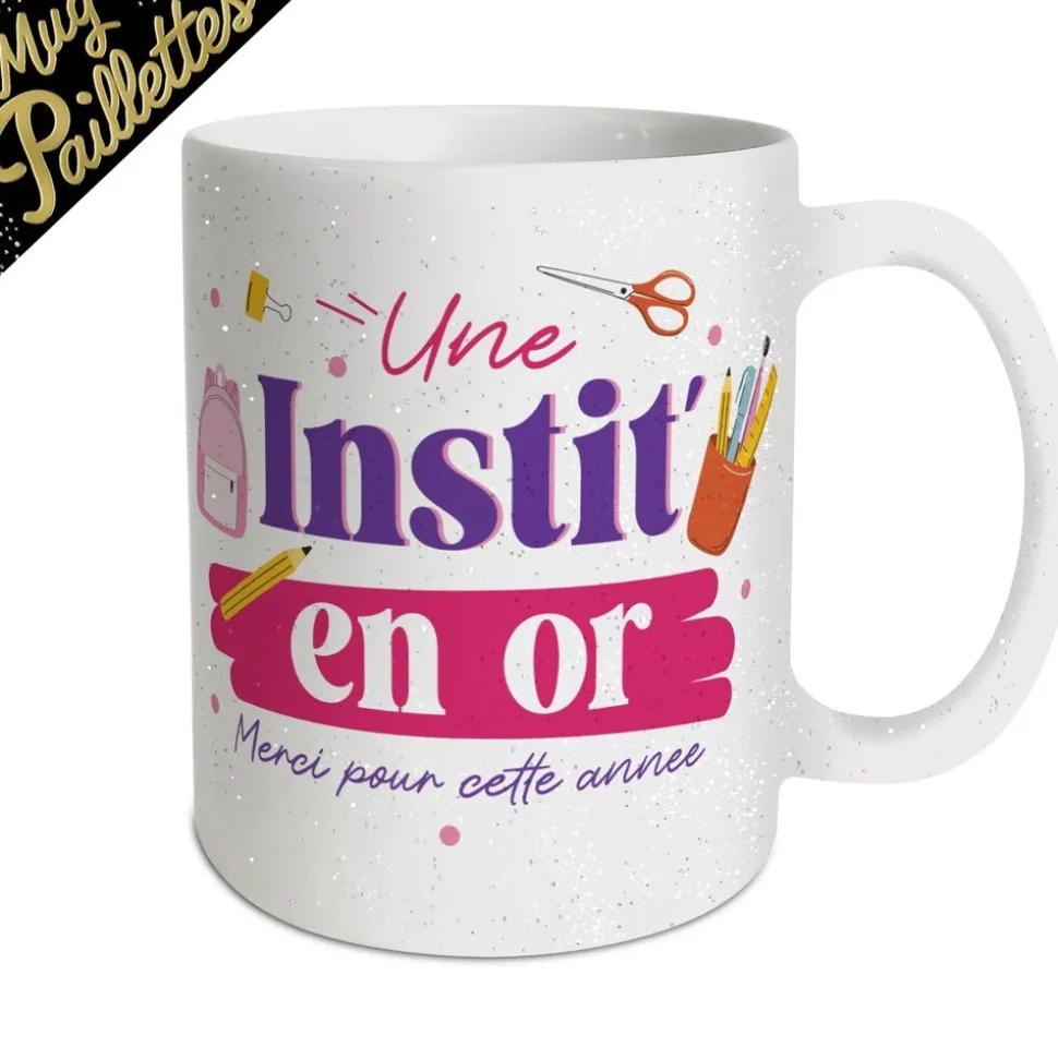 MUG CÉRAMIQUE PAILLETTES UNE INSTIT EN OR 30CL