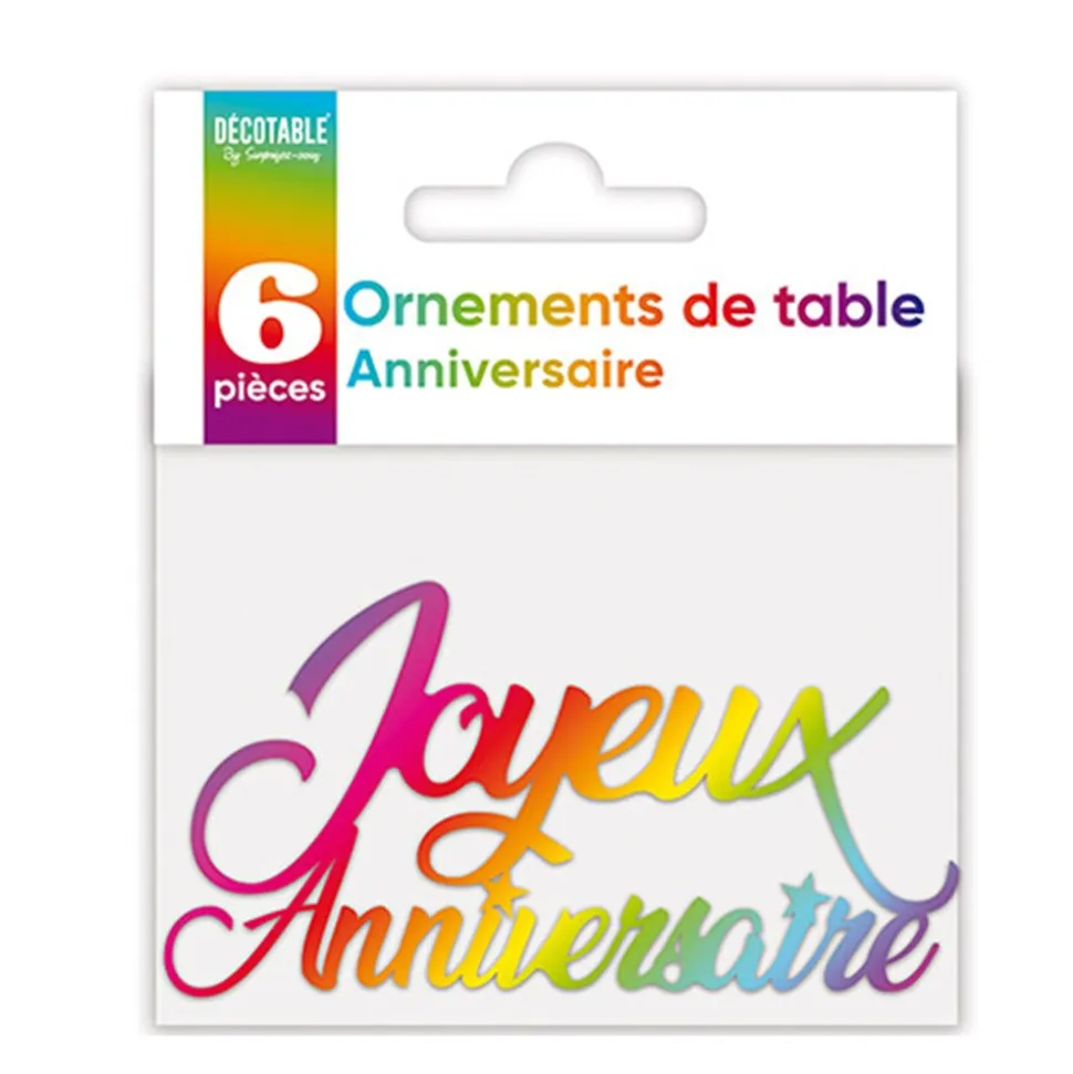 6 ORNEMENTS DE TABLE ANNIVERSAIRE MULTICOLORE MÉTALLISÉ