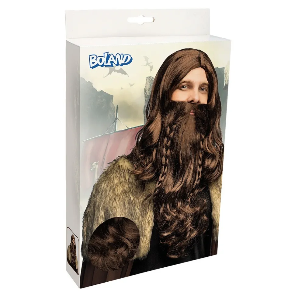 PERRUQUE BARBE MARRON VIKING GUERRIER HOMME
