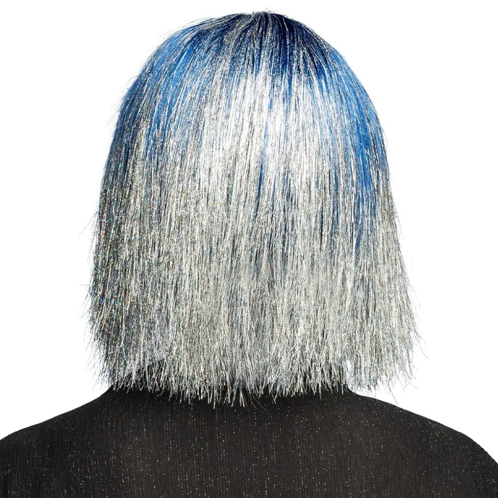 PERRUQUE CHEVELURE CRAZY LAMÉ BLEU ARGENT FEMME