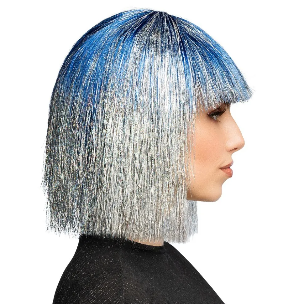 PERRUQUE CHEVELURE CRAZY LAMÉ BLEU ARGENT FEMME